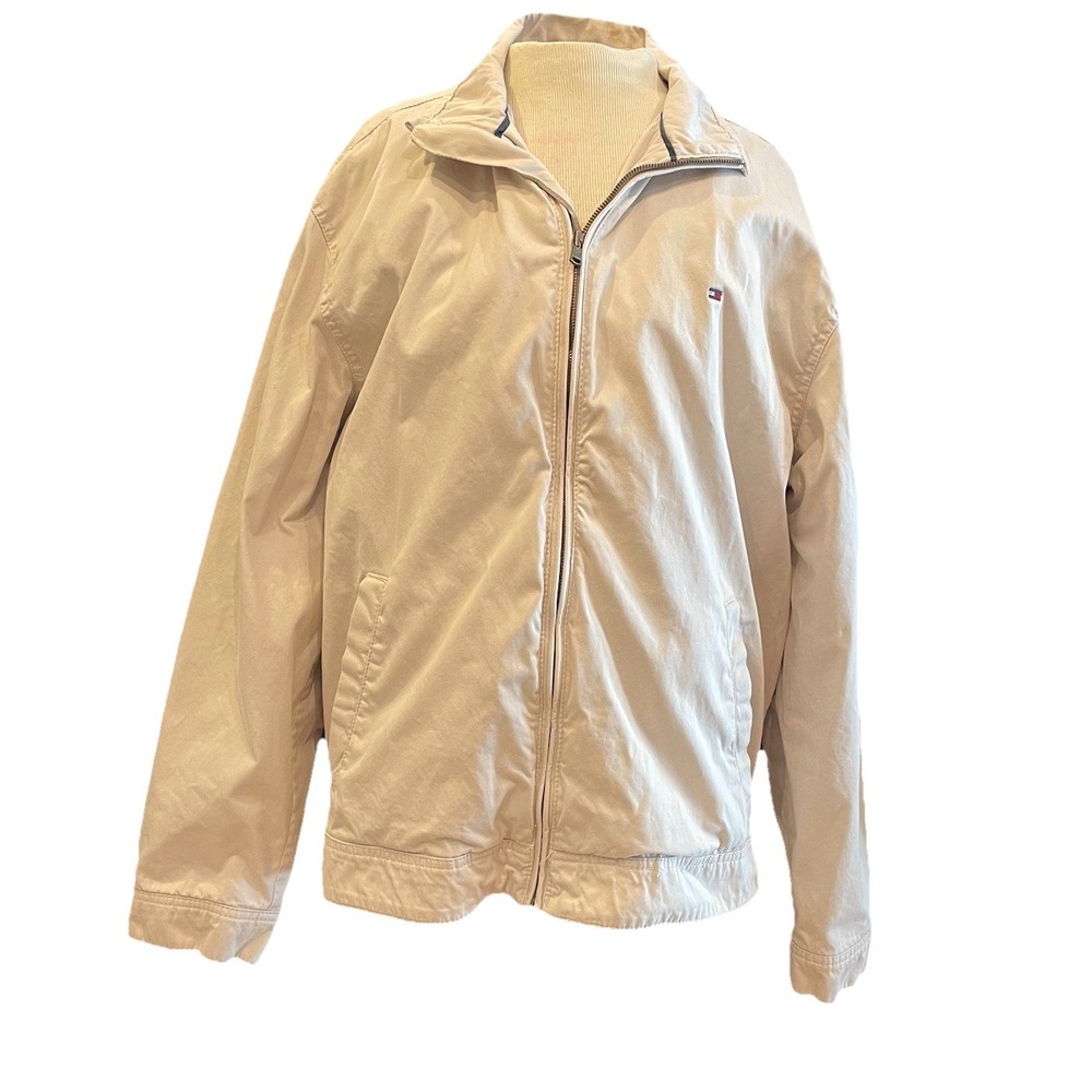 Tommy‎ Hilfiger Off White Khaki Jacket Full Zipper Men Size Large Preppy Plaid